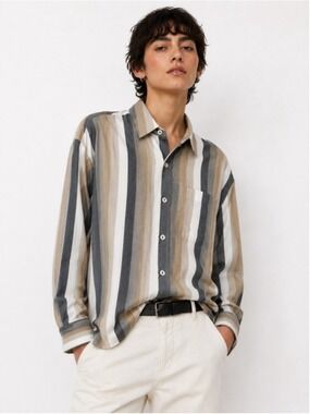 Striped Button Up Long Sleeve Shirt in Neutral Tan, Cream, Faded Black, Small